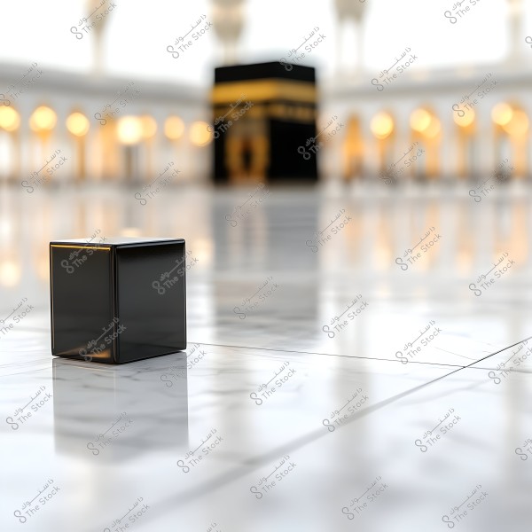 The image shows a small black cube placed on a shiny marble floor with a blurred image of the Kaaba in the background. Decorative columns with golden lights are visible behind, adding a spiritual atmosphere to the scene.