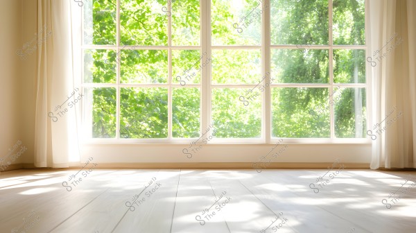 Image showing a large window with multiple panes, overlooking a natural view with green trees. Sunlight streams through the window, illuminating the light wooden floor inside the room. Light white curtains are hung on both sides of the window.
