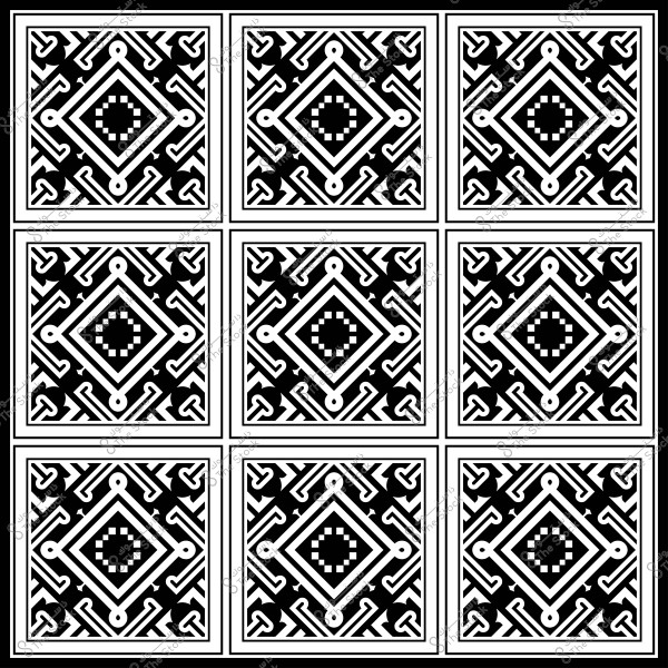 نمط هندسي متكرر يتكون من تسعة مربعات, كل مربع يحتوي على تصميم متماثل بالأبيض والأسود, يتضمن أشكالاً هندسية ودوائر متقاطعة.