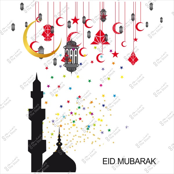 Eid Mubarak design featuring a collection of crescents, stars, and lanterns with the phrase \"EID MUBARAK\" at the bottom.