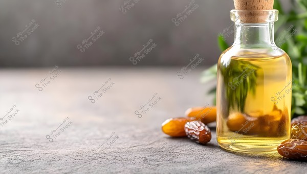An image of a glass bottle filled with yellow oil on a gray wooden surface. The bottle has a wooden stopper. Beside the bottle are dates and some green leaves in the background.