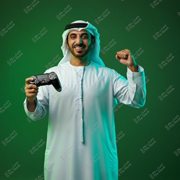 A portrait of a man wearing traditional Gulf attire, consisting of a white kandura and a white ghutra with a black agal. He stands against a green background, smiling while holding a video game controller in his right hand and raising his left fist in a celebratory or triumphant gesture.