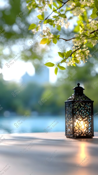 A lit lantern with a decorative black pattern placed on a wooden surface in the foreground. The background features a natural setting with green leaves and small white flowers under soft sunlight, providing a sense of tranquility and a springtime atmosphere.