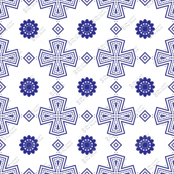 نمط زخرفي يتكون من أشكال متقاطعة وأزهار دائرية بلون أزرق غامق على خلفية بيضاء. تتكرر الأشكال في تصميم شبكي منتظم, مع وجود نقاط وتفاصيل دقيقة تزين الخطوط.