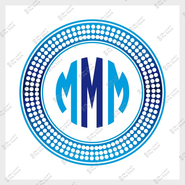 شعار دائري بثلاثة حروف \"M\" مكررة باللون الأزرق في المنتصف, محاطة بنمط دائري من النقاط الزرقاء.