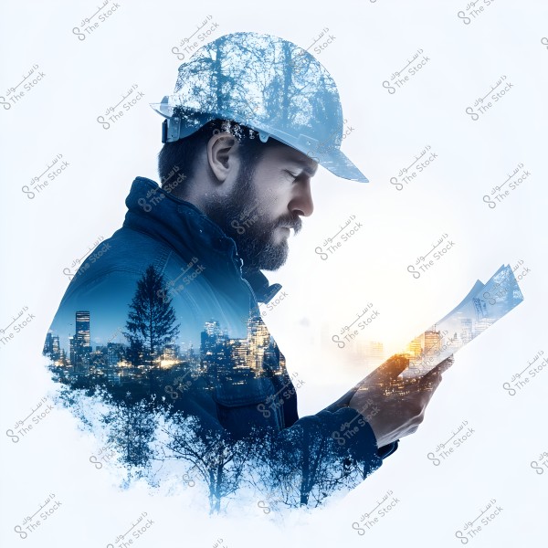 Image of a man wearing a hard hat looking at papers or blueprints. The helmet and attire suggest a construction or engineering setting. There is an overlay of a cityscape with a skyline of buildings and trees at the bottom, creating an impressive double exposure effect.