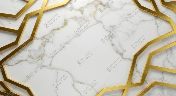 Geometric design composed of interlocking gold lines on a white marble-like surface with grey veins. The design reflects a luxurious and elegant geometric pattern.