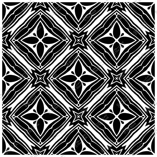 نمط زخرفي بتصميم هندسي باللونين الأسود والأبيض يضم أشكال ماسية ونجمية متكررة.