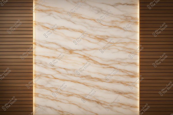 An image of an interior wall that combines white marble with brown veins and vertical wooden panels on both sides. The marble has a smooth texture with wavy veins, while the wooden panels add warmth and contrast.