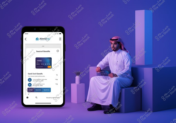 An image of a man sitting on white cubes wearing traditional Gulf attire and a headscarf. The man is holding a bank card and is seated next to a cube-shaped structure and a small plant in a vase. A phone screen displaying a banking app with credit card details is shown on the left. The background is lit in purple.