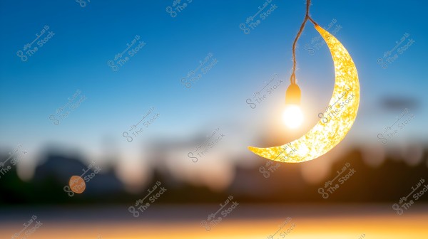 The image shows a golden crescent moon hanging in the air by a string next to a glowing light bulb. The background transitions from orange near the horizon to a blue sky, with a blurred effect in the horizon.