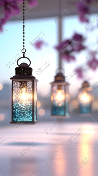 An image depicting a set of traditional blue-lit lanterns hanging by chains in the air, with a blurred background and pink blurred flowers at the top. The lanterns emit a warm, cozy light.