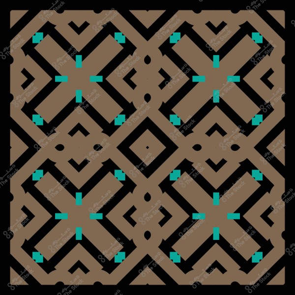 تصميم هندسي بزخارف متداخلة باللونين البني والأسود مع تفاصيل باللون الأزرق الفيروزي.