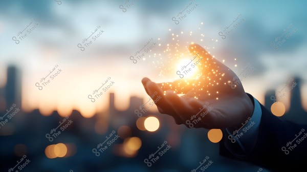 A hand in a suit holding glowing orbs scattered in the air, set against a blurred cityscape at sunset.