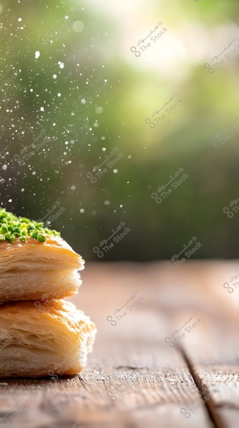 The image shows a portion of a layered pastry topped with crushed pistachios on a wooden surface. Sugar particles float in the air, with a blurred background having greenish hues suggesting plants or trees.