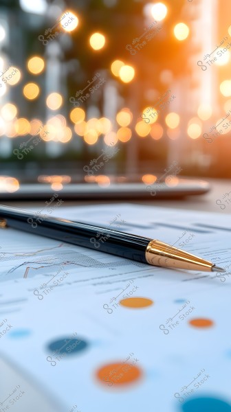 An image featuring a gold and black pen placed on top of papers containing charts and colored graphs on the table. In the background, there are blurred shiny lights that add a warm and professional ambiance to the scene.