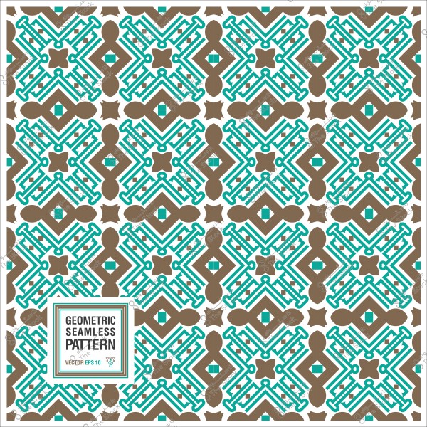 Geometric seamless pattern with brown and turquoise blue colors on a white background.