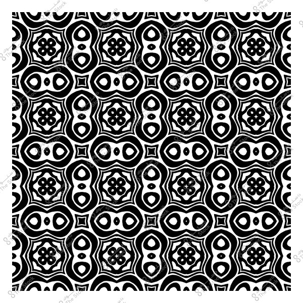 نمط هندسي أبيض وأسود مكون من أشكال متكررة تتضمن دوائر ونجوم وأشكال بيضاوية متداخلة.