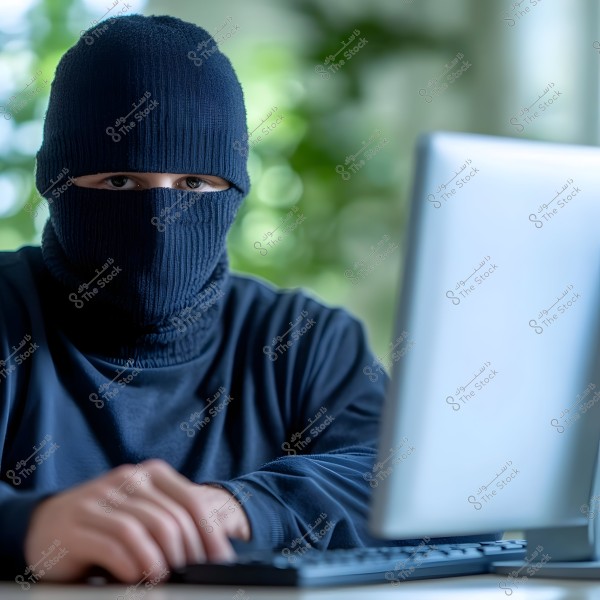 An image of a person wearing a head mask covering their entire face except for the eyes, with hands on a keyboard in front of a computer. The person is wearing a dark sweater and is seated in a well-lit environment with a blurred green background.
