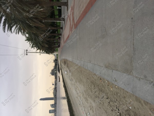 ** View of a paved walkway lined with palm trees on the left, adjacent to a water channel surrounded by sand on the right. Tall skyscrapers and buildings under construction appear in the background. The sky is overcast.\r\n\r\n**