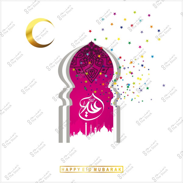 An image featuring an Eid al-Fitr greeting card design with a golden crescent, colorful stars, and the phrase "Eid Mubarak" in Arabic calligraphy, set against a pink background with Islamic patterns.