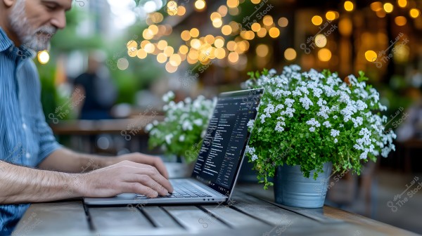 A man sitting in an outdoor café working on a laptop. On the table, there is a flower pot with blooming white flowers. In the background, there are blurred lights illuminating the ambiance of the café in the evening.