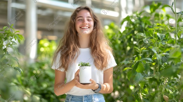A young woman smiling while standing in a green garden full of plants. She is wearing a white T-shirt and blue jeans, holding a white pot with a small plant in her hands. The background is filled with greenery and the image appears to be taken in a well-lit indoor setting.