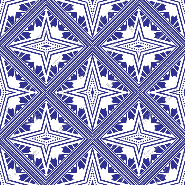 تصميم هندسي معقد يتكون من أنماط نجمية مكررة بظلال زرقاء وبيضاء. الأنماط تحتوي على خطوط متوازية وعناصر زخرفية تبرز تناظر الشكل, مما يضفي إحساساً بالفن التقليدي.