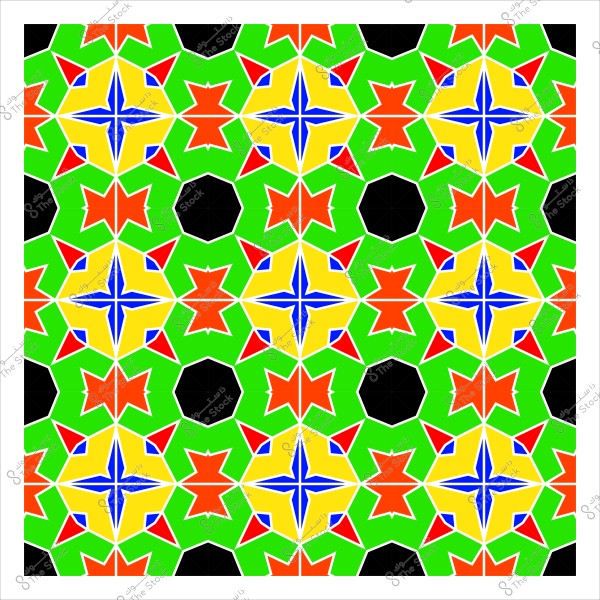 A colorful geometric pattern featuring multiple shapes in red, green, yellow, blue, and black.