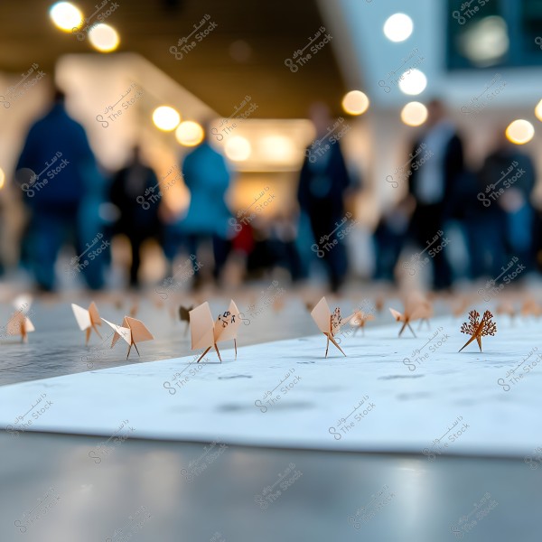 The image shows several small paper art pieces placed on the ground, taking various geometric shapes. The focus is on these paper pieces while the background is blurred, showing a group of people standing in what appears to be an exhibition or a shopping center. The warm lighting and overall atmosphere suggest an event or gathering.
