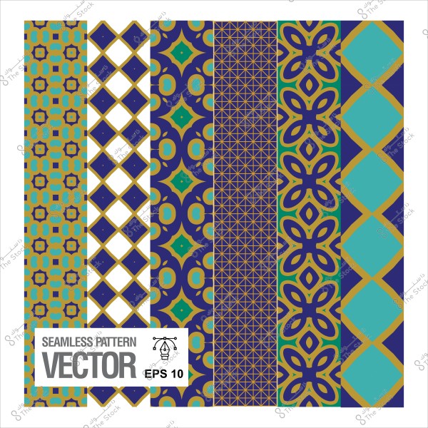 مجموعة من الأنماط الهندسية المتكررة بألوان الأزرق والأخضر والذهبي.