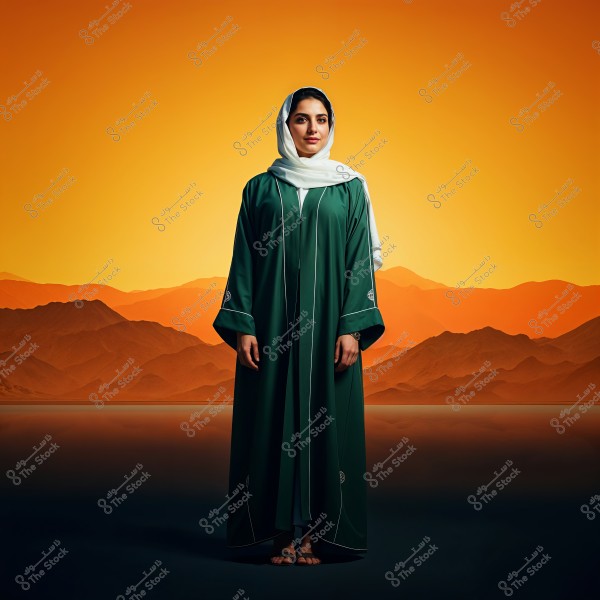 A portrait of a woman wearing a green abaya and a white hijab, standing in front of an orange mountainous background. The attire appears traditional and possibly of Saudi origin, with the sun casting warm tones across the horizon.