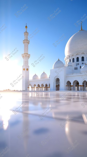 Image of a large mosque with white colors and gold decorations, featuring a prominent large dome surrounded by smaller domes and several minarets. The foreground surface is shiny, reflecting the bright sunlight. The sky is clear and blue, highlighting the beauty and grandeur of the architecture.