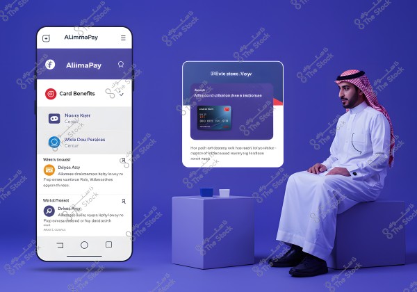 Image of a seated man wearing traditional Saudi attire, including a white thobe and a red and white checkered headscarf. Beside him is a large screen displaying a smartphone application called \"AlimmaPay\", showing various options like card benefits. The design features a purple background with a light blue cube that has two small cups on top.