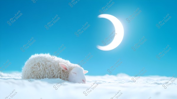 An image of a sheep sleeping on what appears to be a soft white cloud under a clear blue sky. The moon shines brightly in the sky, adding a serene and peaceful atmosphere to the scene. The sheep\'s white wool beautifully complements the color of the clouds.