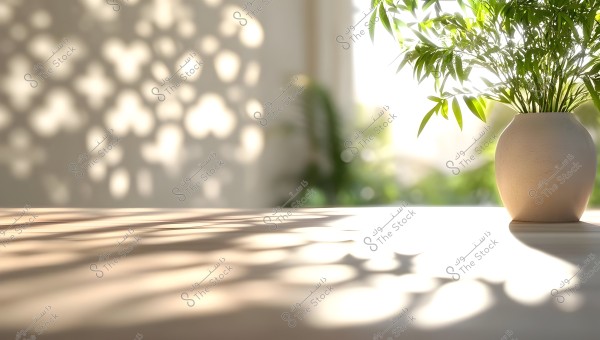 A ceramic vase sits on a table, topped with a green plant. Natural light filters in from the background, casting soft shadows of the leaves on the surface. The overall atmosphere is bright and serene with the interplay of light and shadow adding a touch of elegance to the scene.