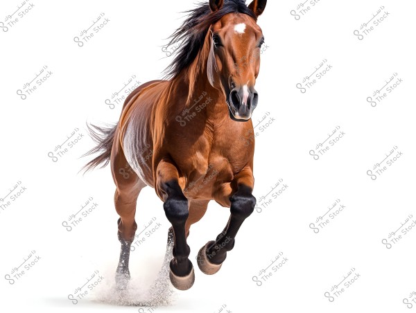 A powerful brown horse runs towards the camera on a clean white background. The horse is depicted in clear detail, showcasing its shiny coat and fluid motion. Its strong legs and dynamic energy are visible in the sand displaced behind it.