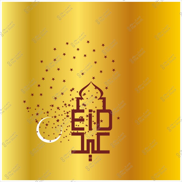 خلفية ذهبية مع زخرفة لمسجد وهلال, مكتوب فيها عيد مبارك بأحرف عربية محاطة بنجوم صغيرة.
