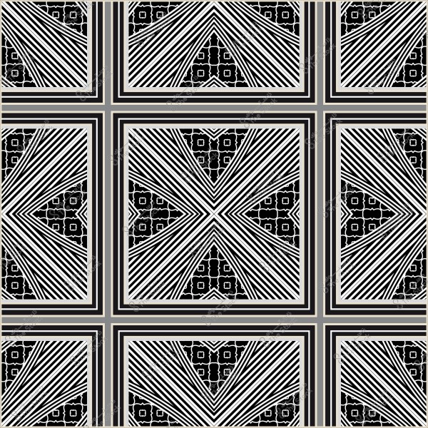 نمط هندسي مكون من خطوط متقاطعة ومتوازية بألوان الأسود والأبيض, يحتوي على تصاميم زهرية في الخلفية.