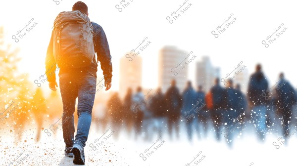 An image of a man walking forward with a large backpack, set against a bright orange-tinted background, with blurred figures visible in the distance. The person is wearing jeans and a jacket, and the atmosphere suggests sunrise or sunset.
