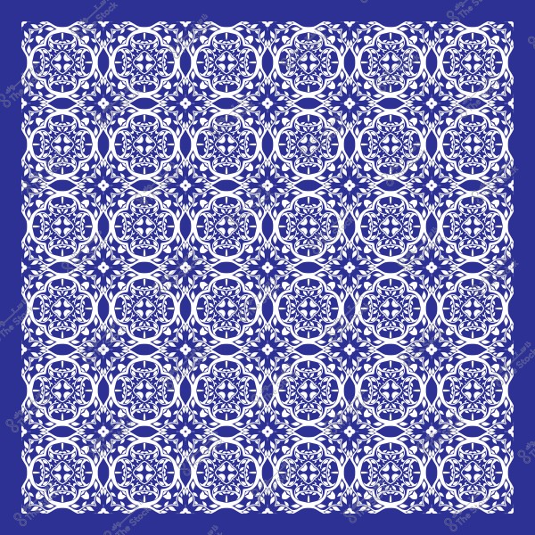 نمط زخرفي معقد باللونين الأزرق والأبيض يظهر تصميماً هندسياً متكررًا.