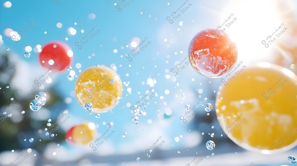 Colorful bubbles floating in the air with small water droplets, set against a clear blue sky. The bright sunlight adds a radiant atmosphere to the image.