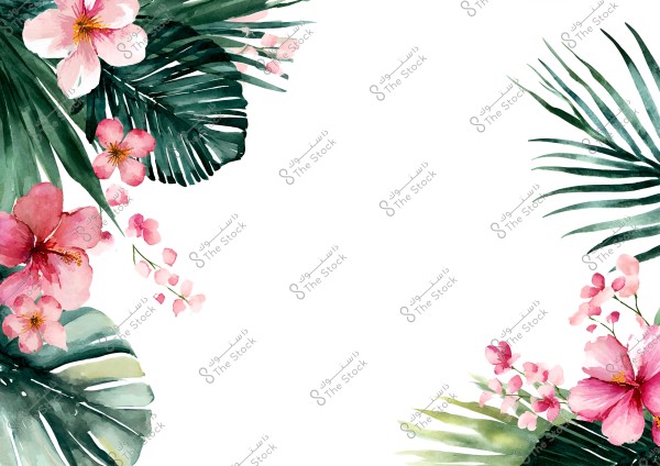 An image of tropical flowers in pink and green, decorated with a pattern of palm leaves and blossoms. The flowers are arranged in the top left and bottom right corners, creating a balanced and serene design on a white background.
