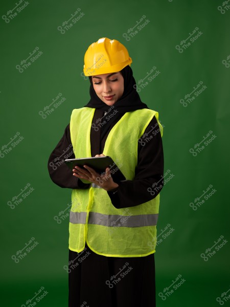 An image of a woman wearing a black hijab and abaya with a yellow safety vest and a yellow hard hat, standing against a green background. She appears to be writing or reading on a tablet, suggesting a work or engineering environment.