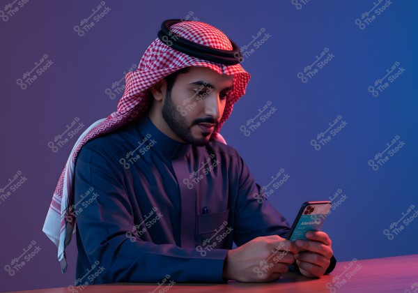 A portrait of a man wearing a blue thobe with a red and white checkered keffiyeh and an agal, sitting at a table and looking at his mobile phone. The background is lit with purple and blue lighting, giving the image a modern and trendy feel.