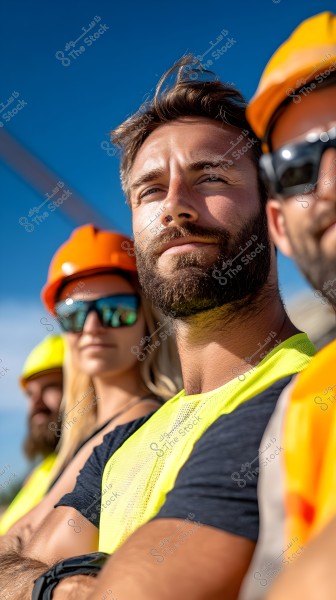 An image of a group of construction workers wearing yellow safety vests and orange safety helmets. A bearded man is in the foreground with coworkers in the background. They are outdoors on a sunny day under a blue sky.