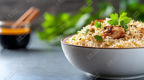 An image of a bowl containing long-grain cooked rice with pieces of grilled chicken, garnished with fresh green parsley leaves. The dish is set on a blue-gray surface with a blurred background featuring greenery.