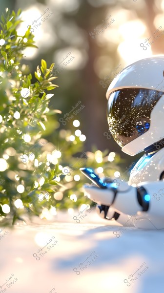 A small white robot with blue details taking a picture of a plant adorned with twinkling lights in an outdoor setting at sunset. The robot\'s helmet reflects the surrounding lights, adding a shimmering effect to the image.