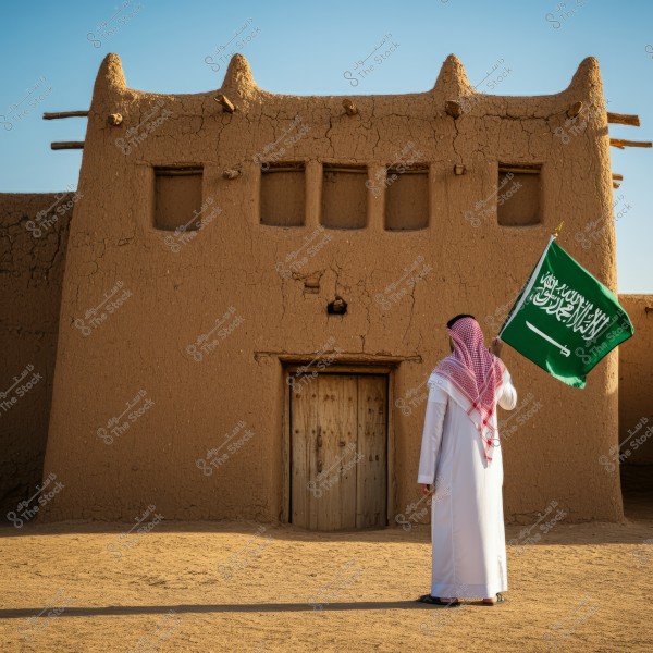 An image of a man wearing a white thobe and a red headdress standing in front of a traditional old mud-brick building, holding the green Saudi Arabian flag with the Shahada and sword. The details of the mud-brick construction, wooden door, and small windows are visible. The background shows a clear blue sky.