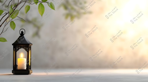 A photo of a black metal lantern placed on a flat surface, containing a lit candle inside. Green branches with bright leaves extend from the left side of the image towards the softly lit, blurred background on the right, creating a tranquil and warm atmosphere.